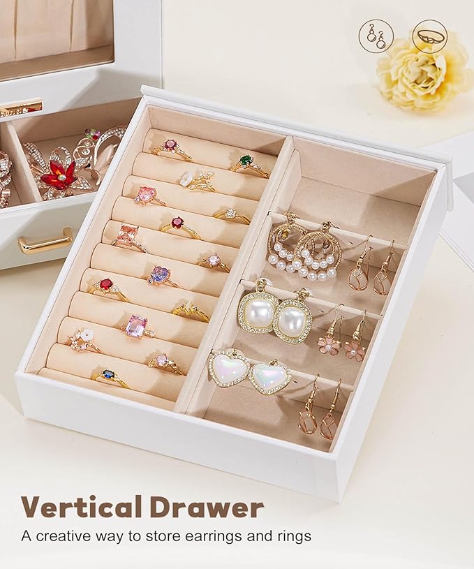 Mothers Day Gifts Homde Jewelry Organizer Girls Women Jewelry Box for Necklaces Rings Earrings Gift Bracelets Storage Case (White + Gold)
