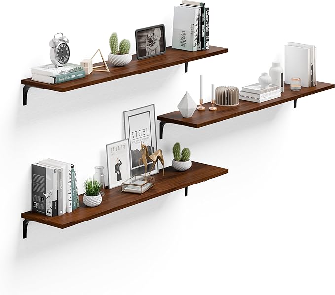 12 Inch Deep Floating Shelves Set of 3, 48 Inch Extra Wide Rustic Walnut Solid Wood Wall Shelves, 4ft Heavy Duty Farmhouse Wall Mounted Shelving for Kitchen, Living Room & Bedroom