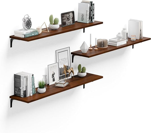 12 Inch Deep Floating Shelves Set of 3, 48 Inch Extra Wide Rustic Walnut Solid Wood Wall Shelves, 4ft Heavy Duty Farmhouse Wall Mounted Shelving for Kitchen, Living Room & Bedroom