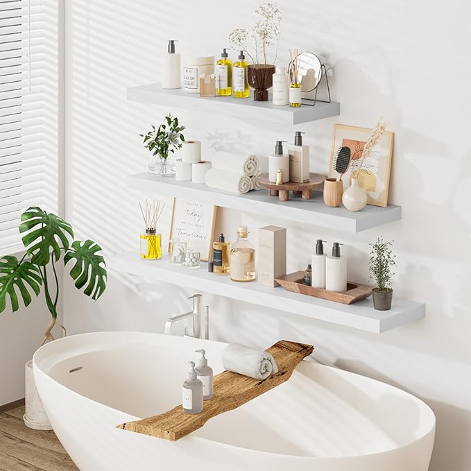 Heimlove 12inch Deep Floating Shelves for Wall, Mounted Shelves 55" W x 12" D x 1.5" H, wall Shelf for Bedroom Living Room Bathroom Kitchen Home Office, Set of 1, White