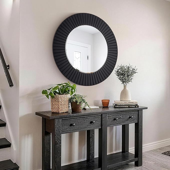 Chende 36'' Black Circle Mirror for Bathroom, Large Round Mirror with Wood Frame, Elegant Accent Rustic Black Mirrors for Living Room, Dining Room, Bedroom, Entryway