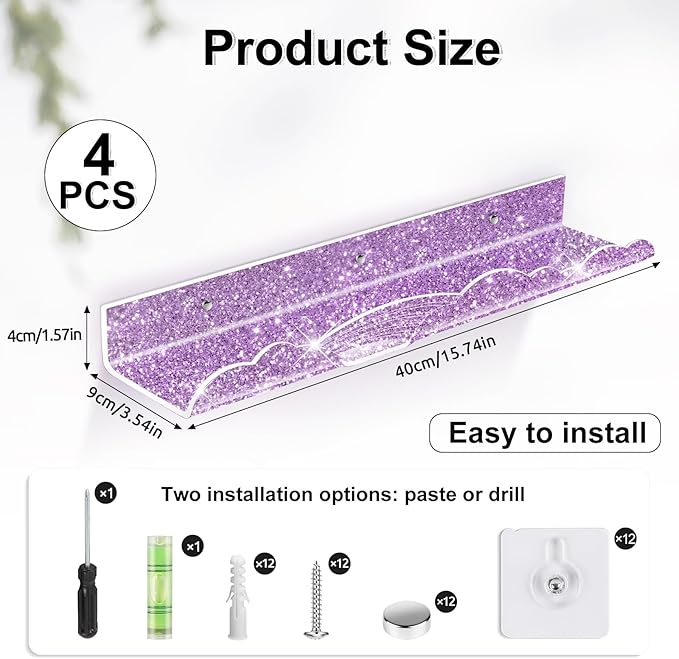 Rainbow Glitter Acrylic Floating Shelves, 15.7" Wall Mounted Nursery Bookshelves, Display Ledge for Books Toys Cosmetic Storage, Bathroom Bedroom Living Room Wall Organizer, 4 Pack, Purple