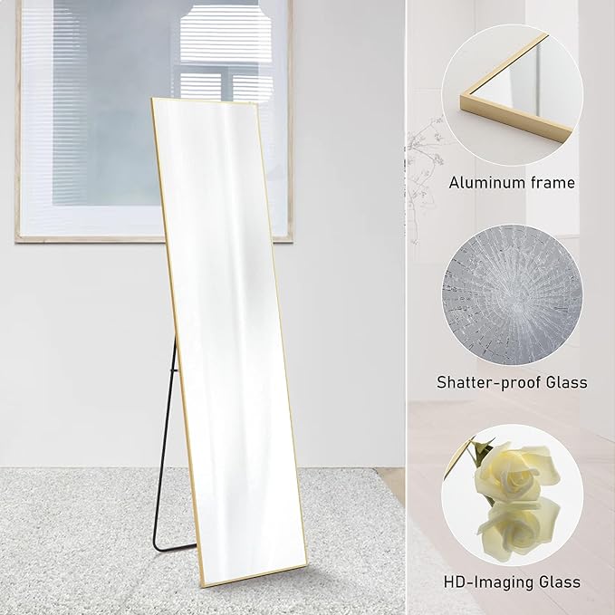NEWBULIG Full Length Mirror, Full Body Floor Mirror with Aluminum Alloy Thin Frame, Wall or Standing Mirror for Bedroom, Living Room, Dressing Room