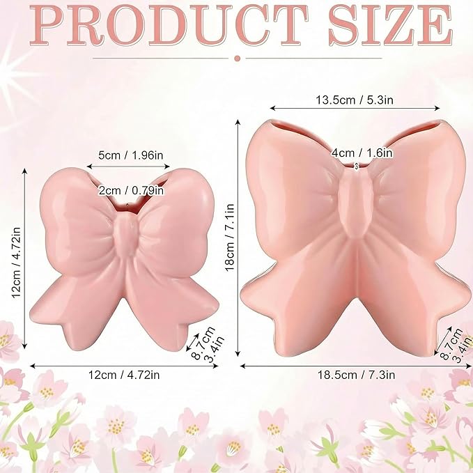 Jingmore Pink Bow Vase Coquette Ceramic Vase Pen Holder Makeup Brush Holder Contemporary Design Women Decorative Gift for Wedding Home Office Shelf Table Room(Small, Classic)
