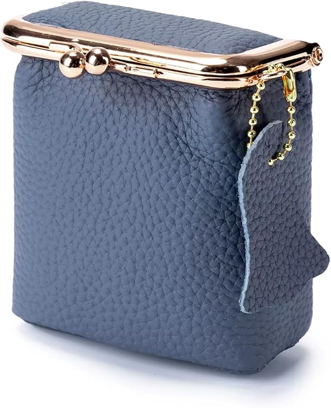 Genuine Leather Mini Jewelry Box for Women, Square Coin Purse with Kiss Lock, Makeup Cosmetic Bag Organizer Travel Case (Large, Blue)