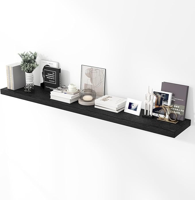 Acovy 72 inch Floating Shelves for Wall, 12 Inch Deep Floating Shelf, Hanging Shelf with Invisible Brackets, Rustic Wooden Wall Shelves for Bathroom, Bedroom, Living Room,Farmhouse Set of 1,Black