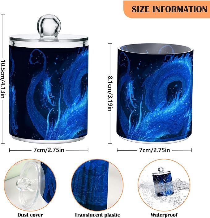 2 Pack Apothecary Jars Dark Blue Fire Dragon Bathroom Vanity Storage Organizer Set,Small Clear Plastic Storage Jars Bathroom Canister for Cotton Swabs, Rounds, Balls, Qtips,Makeup Sponges, Flos