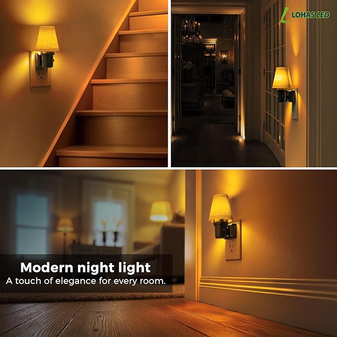 L LOHAS LED Night Lights Plug into Wall, Linen Fabric Round Platform Decor Night Light, Dusk to Dawn Sensor Vintage Nightlight, Amber Warm 0-100LM Dimmable, for Bedroom Living Room Hallway