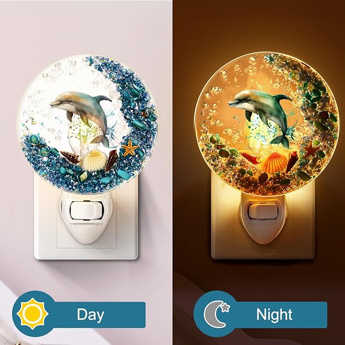 Hortsun Plug in Seashell Night Light Ocean Sea Animal Decorative Night Light Plug in Beach Lamps Vintage Ocean Lamps for Adult for Home Bedroom Living Room Bathroom Wall(Dolphin)