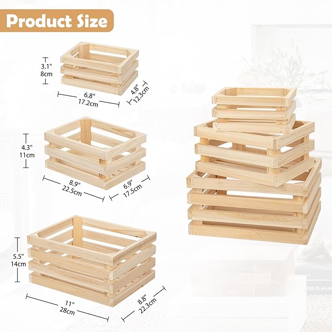 Oairse Set of 3 Nesting Wooden Storage Crates - Rustic Wooden Storage Crates for Display Wood Container Boxes Wood Baskets for Farmhouse Flower Stand Display Rack for Shops or Exhibitions Home Decor