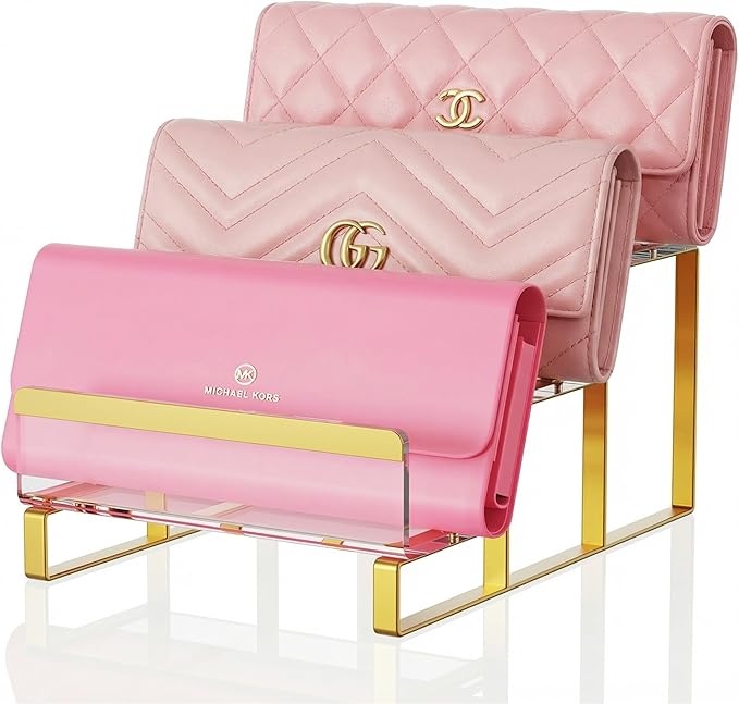 3-Layer Wallet Display Stand, Wide 2.75" Shelves Metal Clutch Holder, Purse Stand for Closet, Boutique Counter, Retail Store Display