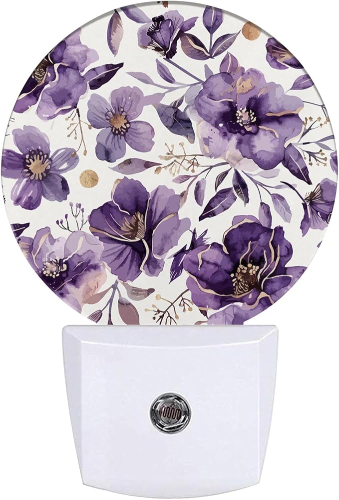 Purple Flower Night Light Watercolor Floral Night Lights LED Lamp Round Plug into Wall Nightlight with Dusk to Dawn Sensor Home Hallway Stairway Kitchen Decor