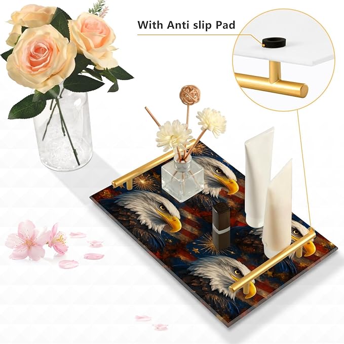CEBUGI Bird Acrylic Decorative Coffee Table Tray Ottoman Tray with Anti Slip Pad Serving Tray with Gold Handles for Bathroom Living Room,7.87 x 11.81in