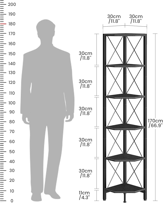 CHOEZON 6-Tier Corner Shelf, Corner Bookcase, 66.9" Tall Vertical Display Rack, Plant Stand, Open Storage Shelf, for Living Room, Bedroom, Study, Kitchen, Black TCJ13BB