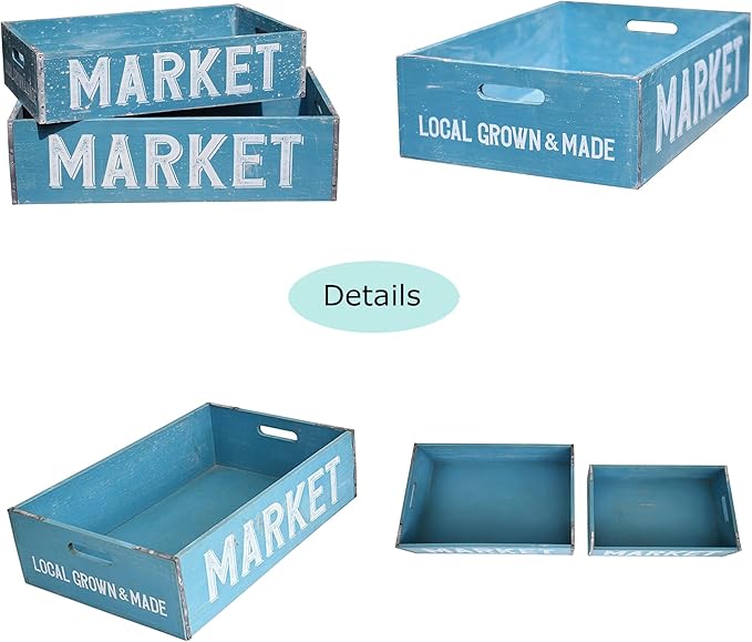 Extra Large Wooden Crate Set of 2 Rustic Wood Storage Crates Farmhouse Nesting Wooden Crate Basket Vintage Home Decorative Boxes with Handles for Display (Blue)