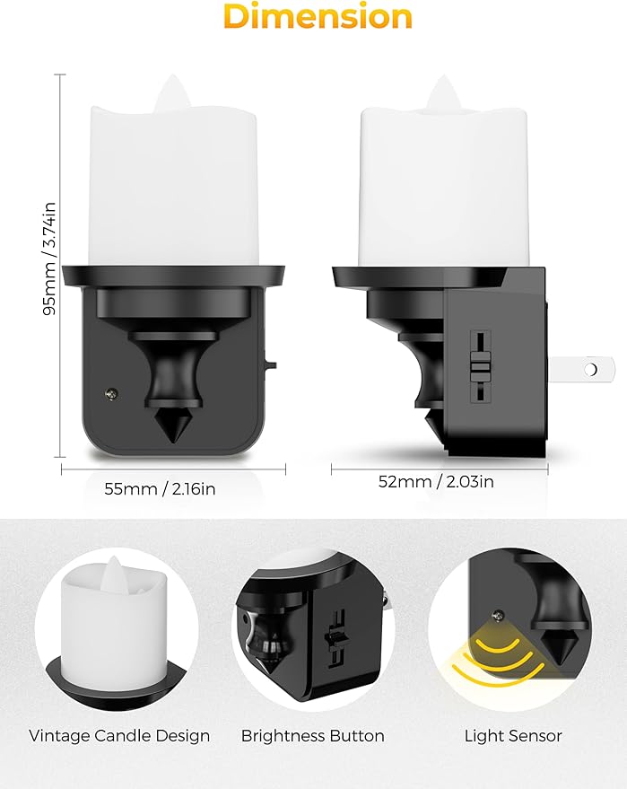 Flameless Candle Night Light, Night Lights Plug into Wall 2 Pack, LED Candle Night Light with Light Sensor, 0-100LM Dimmable Nightlight Plug in, 3000K Soft White Nightlight for Kids Hallway Bathroom