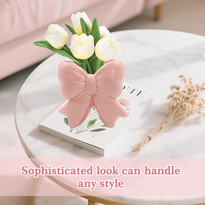 Small Ceramic Vases for Flowers, Cute Bow Vase, Pink Makeup Brush Organizer, Decorative Pen Holder, Ideal Women Gifts for Table, Office, Living Room, Shelf Decor