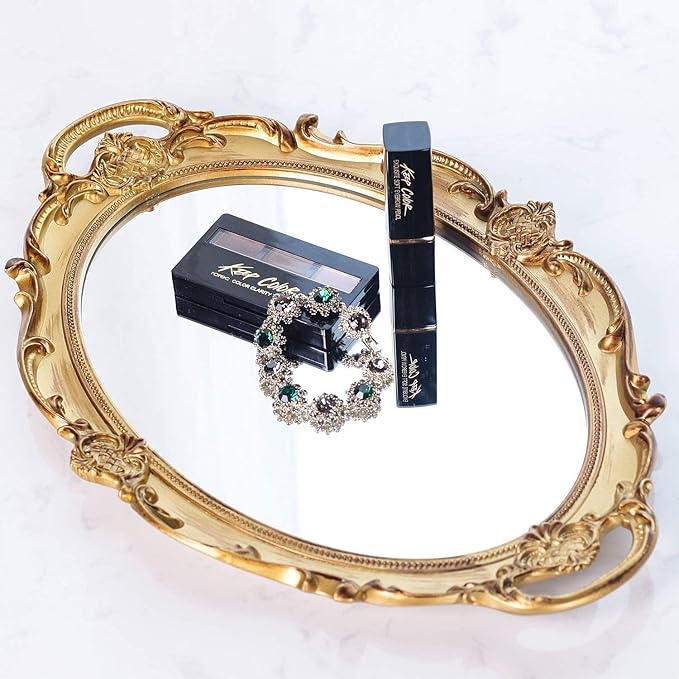 Oval Decorative Mirror Tray, French Style, Makeup Organizer, Jewelry Organizer, Serving Tray, 9.8"x 14.6", Gold