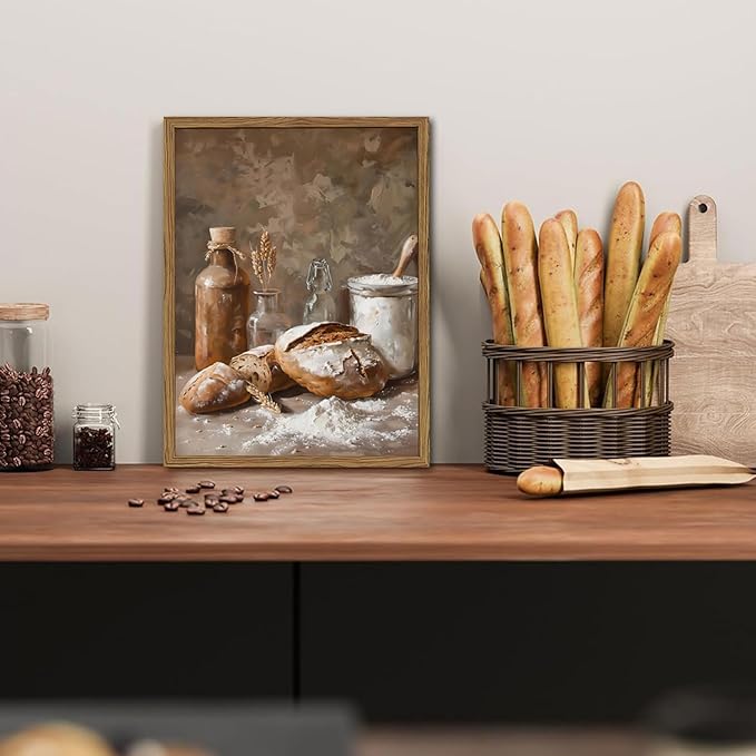 Framed Vintage Kitchen Wall Art, Rustic Bread and Flour Pictures Wall Decor Paintings, Farmhouse Food Poster Canvas Prints Country Home Decor for Dining Room Living Room Bakery 16x24 inch