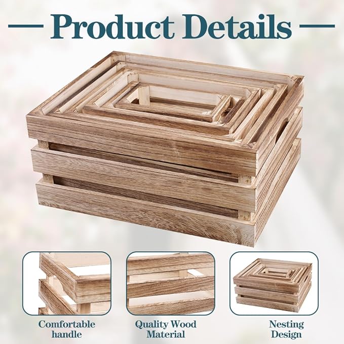 GRETJOB 6 Pack Large Wooden Crates for Display Rustic Nesting Wooden Basket with Handle, Decorative Farmhouse Wood Crate for Storage and Container, 6 Size Wood Basket Decor Boxes