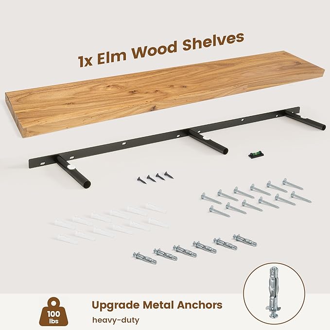Venusmiles Elm Floating Shelves for Wall Decor, Rustic Solid Wood Shevles Wall Mounted with Invisible Bracket for Living Room Bathroom Bedroom Kitchen, 55 Inch Set of 1, Natural