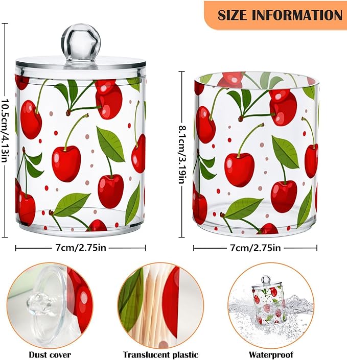 2 Pack Qtip Holder Dispenser for Cotton Ball Cherry Fruits Cotton Swab Round Pads Clear Plastic Acrylic Jar Set Bathroom Canister