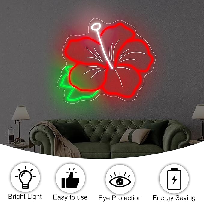 Hibiscus Neon Sign Hibiscus Flower Neon Light Hawaii Floral Neon Light Tropical Flower Sign Home Wall Art Decoration, 15"x12", Red