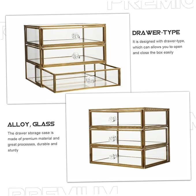 3-Tier Drawer Jewelry Storage Box Glass Organizer Alloy Frame for Necklaces Bracelets Earrings and Cosmetics for Home or Travel