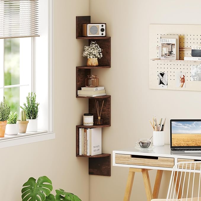 Giantex Corner Shelf Wall Mounted Set of 2, 5-Tier Floating Corner Bookshelf, Home Storage Organizer, Wooden Display Stand Rack for Wall, Plant Shelf for Living Room, Bedroom, Kitchen, Rustic Brown
