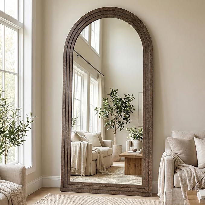 CASSILANDO 71x32 Inch Arched Full Length Mirror with Solid Wood Frame Wall Mounted Floor Mirror, Vertical Hanging Leaning Standing Mirror for Living Room, Bedroom, Entryway, Brown