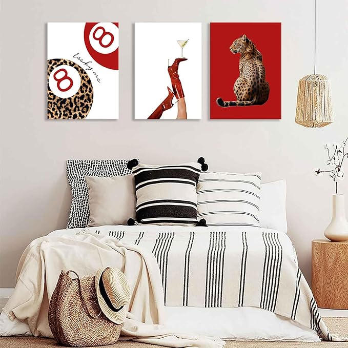 3Pcs Trendy Leopard Wall Art Preppy Funky Red Boot Martini 8 Ball Wall Decor Pictures Vintage Feminism Aesthetic Cheetah Canvas Poster Prints for Girly Bedroom Apartment Dorm Decoration 12X16