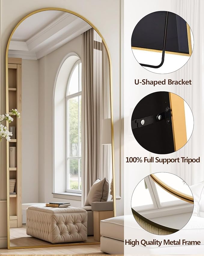 DMWOODFL Large Arched Full Length Mirror with Stand 76x34, Freestanding Floor Mirror or Wall Mounted, Tall Body Mirror with Aluminum Frame for Bedroom, Living Room, Gold