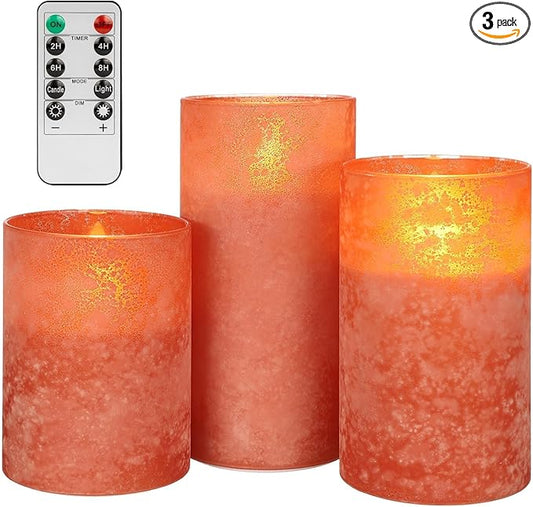 ANGELLOONG Orange Flameless Candles with Remote, Real Wax Battery Operated LED Pillar Candles for Christmas Decorations, Flickering Fake Fall Candles for Wedding Bathroom Kitchen Party Decor