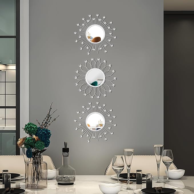 3 Pack Metal Mirrors for Wall Sunburst Wall Mirrors Home Décor Decorative Hanging Wall Art for Living Room Bedroom Entryway (Silver Crystal, Flower+Sunburst)