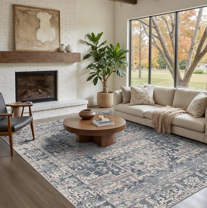 Rugxara 5x7 Area Rugs for Living Room Bedroom, Blue Washable Rug, Vintage Retro Boho Rug, Non Slip & Low Pile Faux Wool Thin Carpet for Indoor Dining Room and Kids Room(Blue 5x7ft)