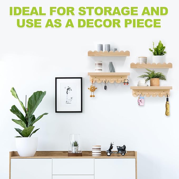 Floating Nursery Book Shelves for Wall, 16'' Wood Book Shelf for Baby Boys Girls Bedroom Bathroom and Décor Storage, Wall Shelf for Books, Plants, Toys, Photo Frames (Wooden, 4 Pack)