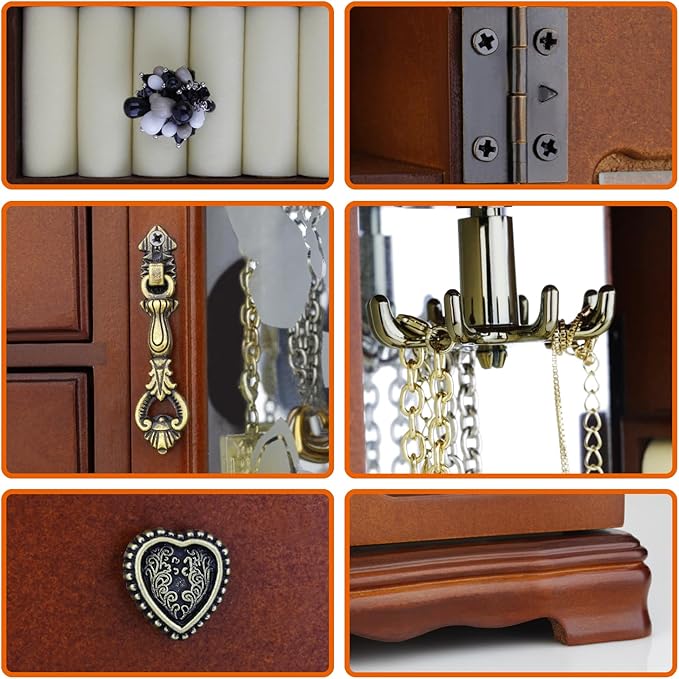 RR ROUND RICH DESIGN Solid Wooden Jewelry Box Makeup and Organizer Women Ring Storage with 4-Drawers Built-in Necklace Carousel and Mirror Brown