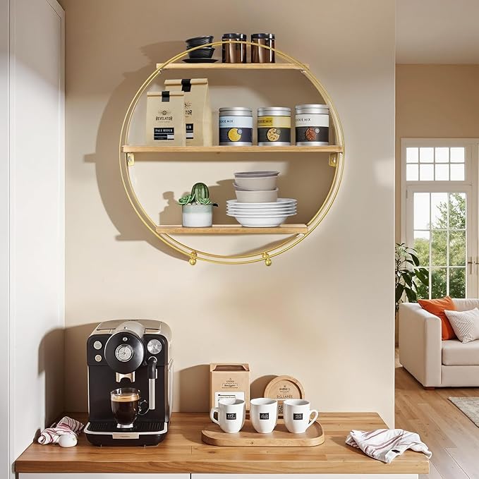 Joveco Round Wall Shelf Gold, 3 Tier Metal & Wood Circle Shelf Set, Round Shelves Wall Decor for Living Room,Bedroom,Bathroom (Gold)