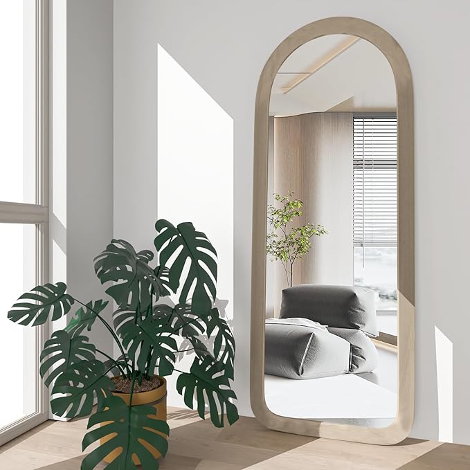 Full Length Mirror 56"x20" Arch Floor Mirror with Stand Arched Full Body Mirror Standing Hanging or Leaning Against Wall for Bedroom Flannel Wrapped Wooden Frame Milk Tea