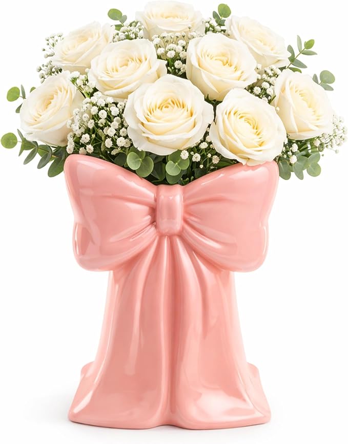Pink Ceramic Bow Vases for Flowers, 6.1 Inch Flower Vases, Cute Makeup Brushes Organizer, Decorative Pen Holder for Office Home Dining Room Table Decor Bedroom Women Gifts (Pink)