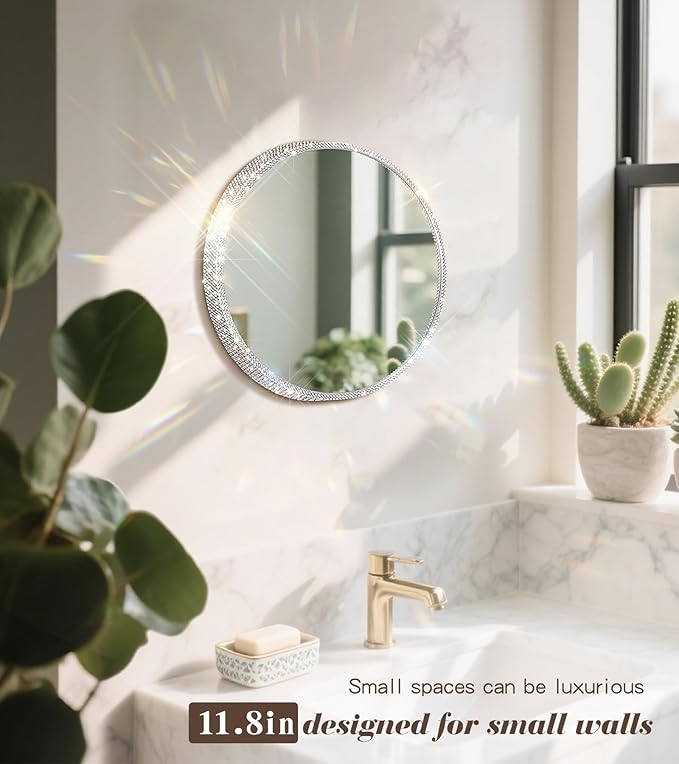 Crystal Diamond Wall Mounted Mirror Silver Makeup Mirror 12inch Round Bing Mirror for Bedroom Real Glass Mirror for Wall Decor