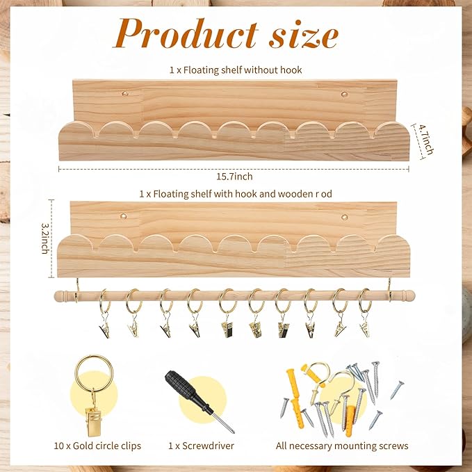 Qunclay 2 Pcs Nursery Floating Shelves Headband and Bow Holder with Rod Wall Mounted Wood Shelves Nursery Decor for Wall Home Organization Kitchen Living Room Bathroom Storage Decor