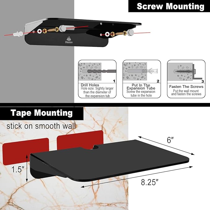 TXEsign Acrylic Floating Shelves Wall Mount Shelf 2 Pack Acrylic Speaker Shelves Adhesive Floating Shelf Organizer Holder for Bathroom Decor, Bedroom, Living Room and Kitchen (Black)