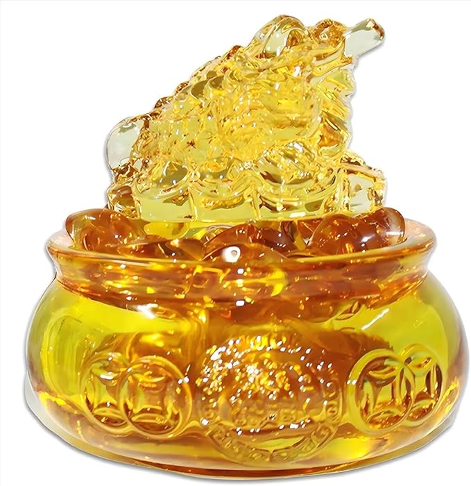 Feng Shui Golden Treasure Basin Lucky Money Toad and About 30 PCS Ingot Yuan Bao, 3in Crystal Glass Treasure Basin, 2in Golden Toad Ideal Adornment for Attracting Wealth, Office Home Decor
