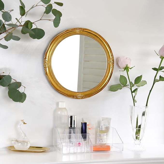 Funerom Vintage Decorative Wall Mirror Hanging Mirror Round (Gold, 12.2 inch)