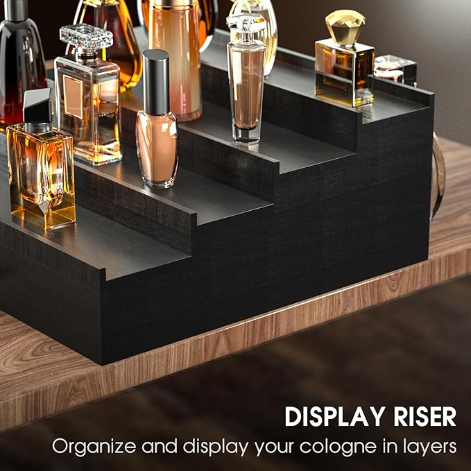Sephyroth Cologne Organizer for Men 4 Tier of Elevated Cologne Display Shelf with Drawer Storage Perfume Organization and Storage Display Risers,Great Gift for Man(4Tier-Black)