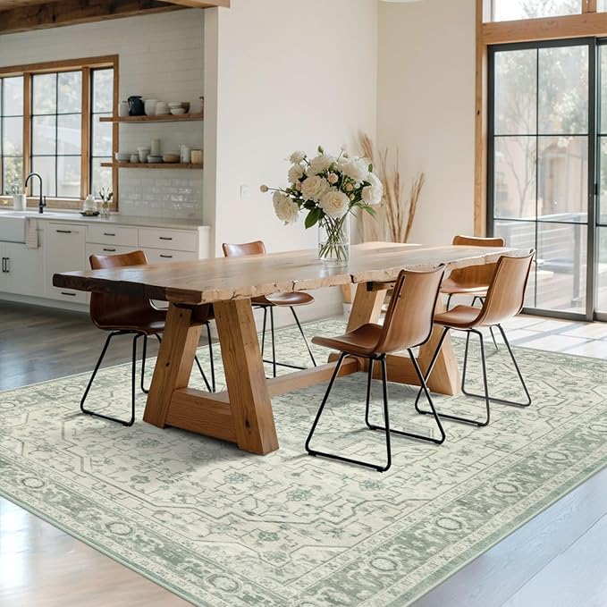 Rugxara 6x9 Washable Area Rug for Living Room, Vintage Large Boho Rugs for Office, Dining Room, Kids Room, Farmhouse, Durable Low Pile Non Slip Carpet for High Traffic Areas, Sage Green