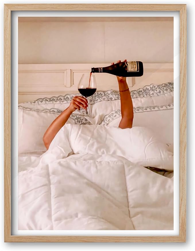 EcoHest Woman Drinking Wine in Bed Framed Wall Art, 12x16 in OAK Wood Feminist Alcohol Canvas Art, Trendy Teen Girl Bar Cart Print College Room Decor, Beige Logs Set of 1 For Bedroom Living Room