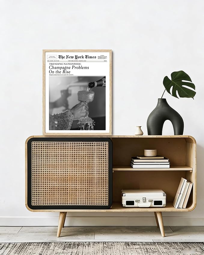 Bwodke OAK Wood Framed Wall Art Champagne Problems On the Rise Canvas Art Vintage Newspaper Pictures Wall Decor Trendy Prints Funny Artwork for Girly Dorm Bedroom 16"x20"