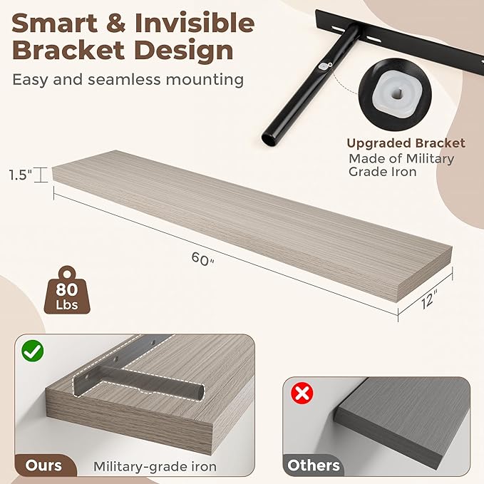 Fun Memories 12 Inch Deep Floating Shelves, 60 Inch Long Extra Large Floating Shelves for Home & Office, Wall Shelves with Invisible Bracket, Grey, Set of 2